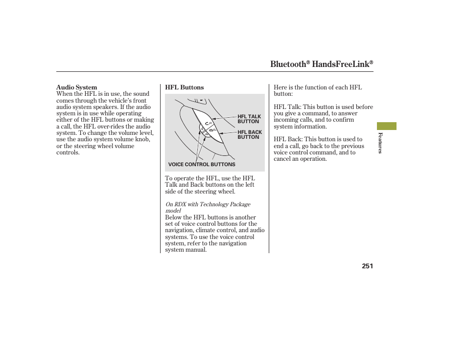Bluetooth handsfreelink | Acura 2009 RDX User Manual | Page 257 / 434
