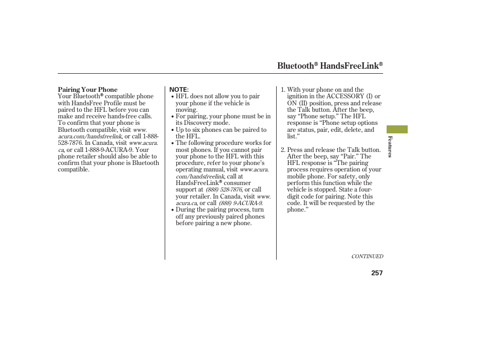 Bluetooth handsfreelink | Acura 2009 RDX User Manual | Page 263 / 434