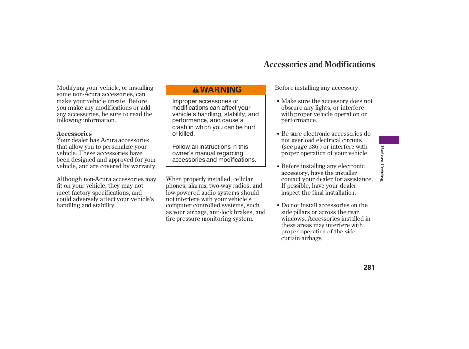 Accessories and modifications | Acura 2009 RDX User Manual | Page 287 / 434