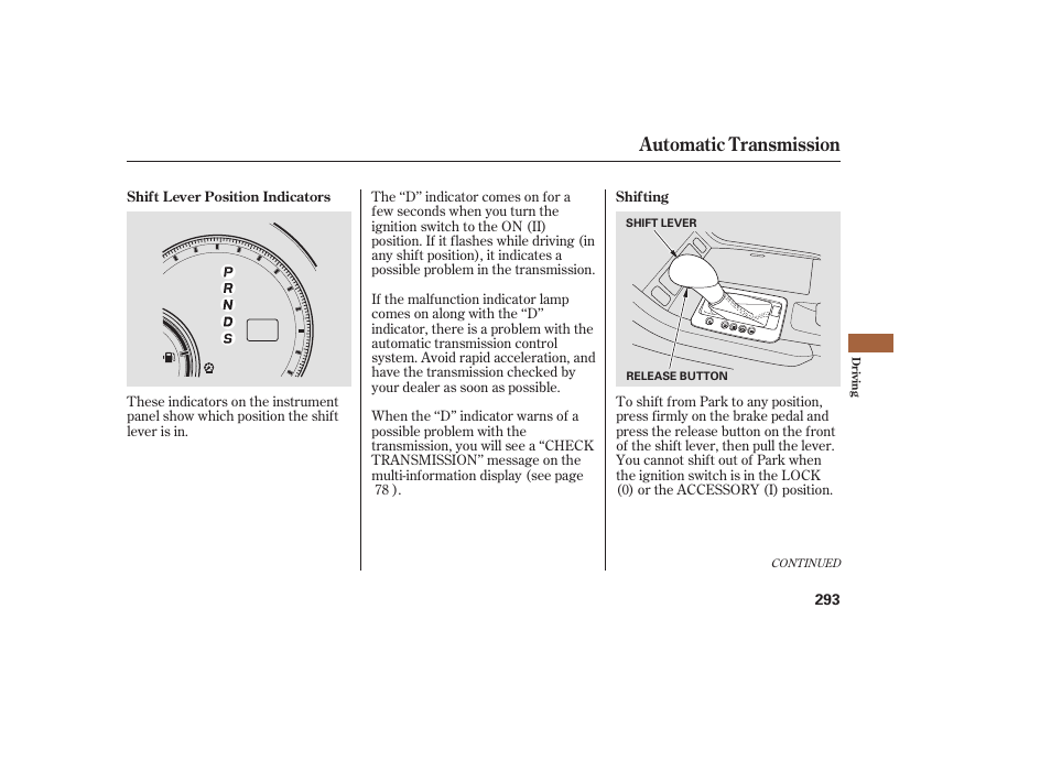 Automatic transmission | Acura 2009 RDX User Manual | Page 299 / 434