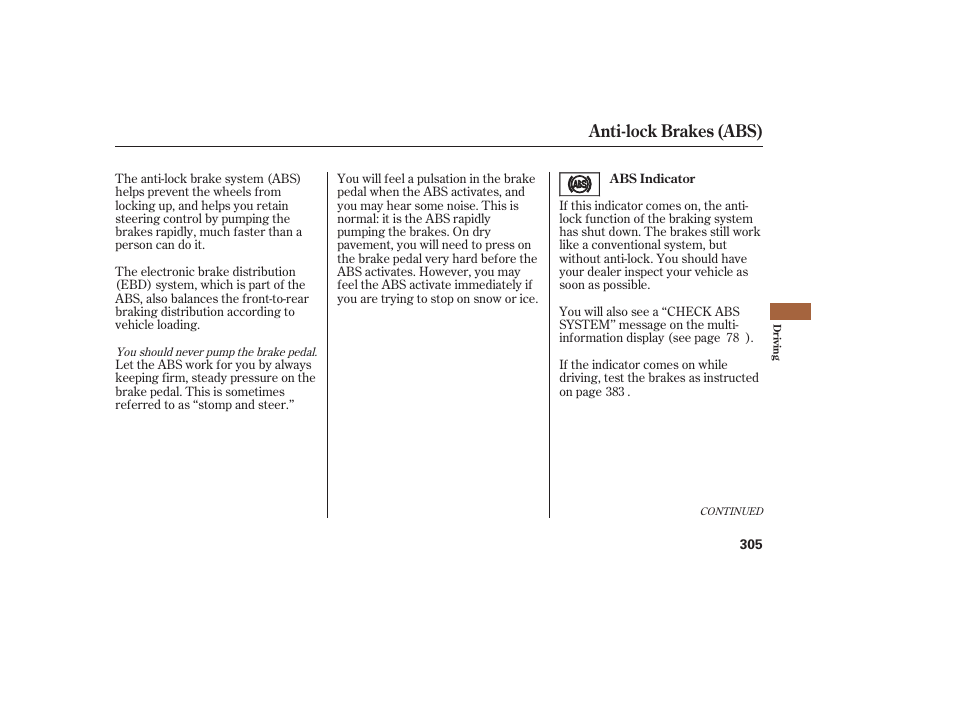 Anti-lock brakes (abs) | Acura 2009 RDX User Manual | Page 311 / 434