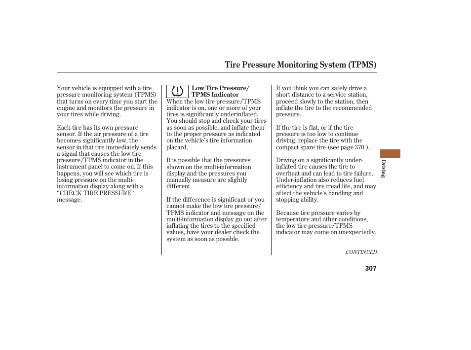 Tire pressure monitoring system (tpms) | Acura 2009 RDX User Manual | Page 313 / 434