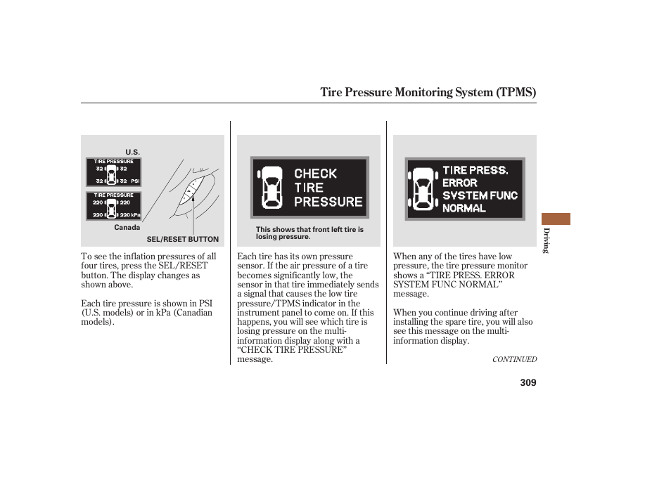 Tire pressure monitoring system (tpms) | Acura 2009 RDX User Manual | Page 315 / 434