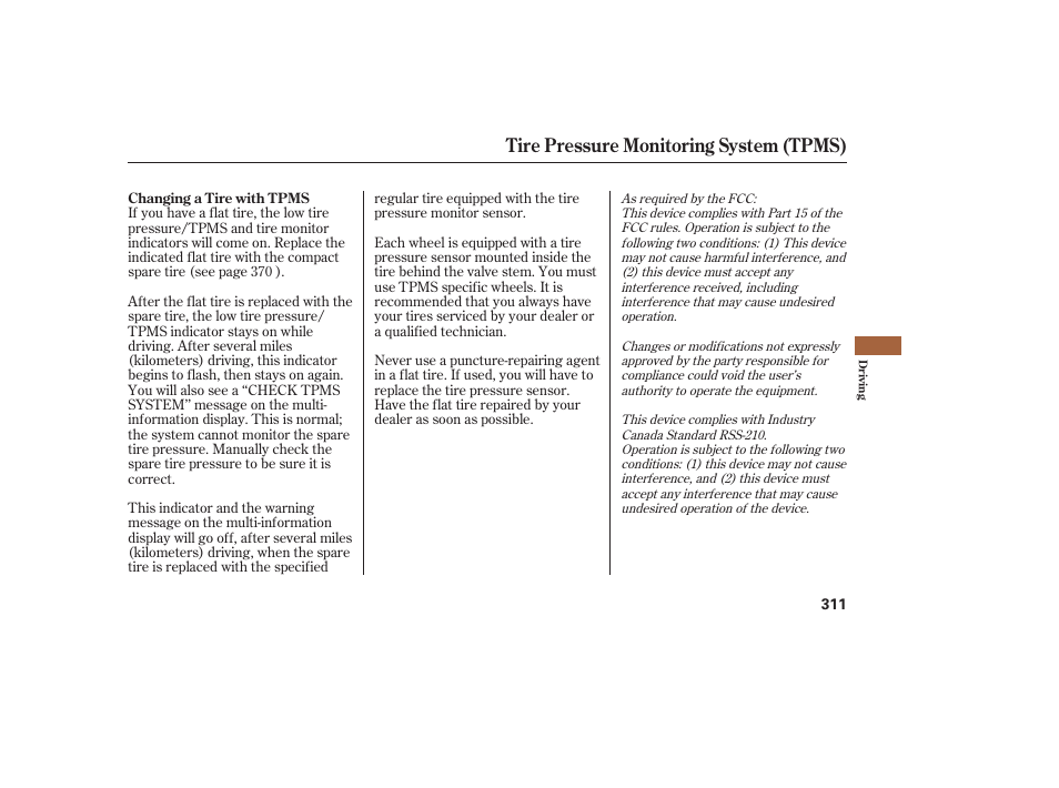 Tire pressure monitoring system (tpms) | Acura 2009 RDX User Manual | Page 317 / 434
