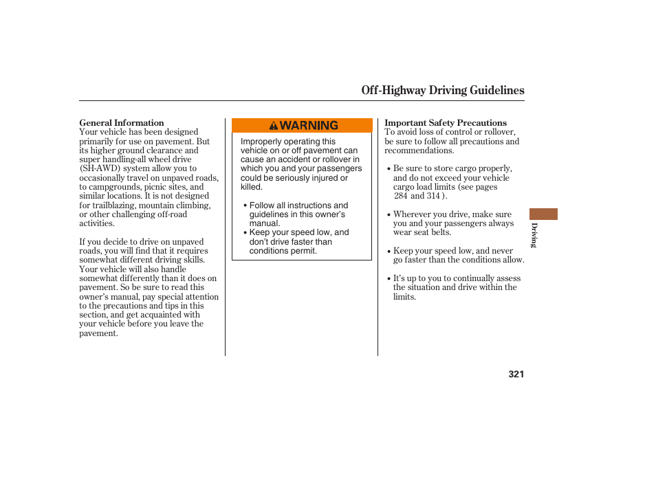 Off-highway driving guidelines | Acura 2009 RDX User Manual | Page 327 / 434