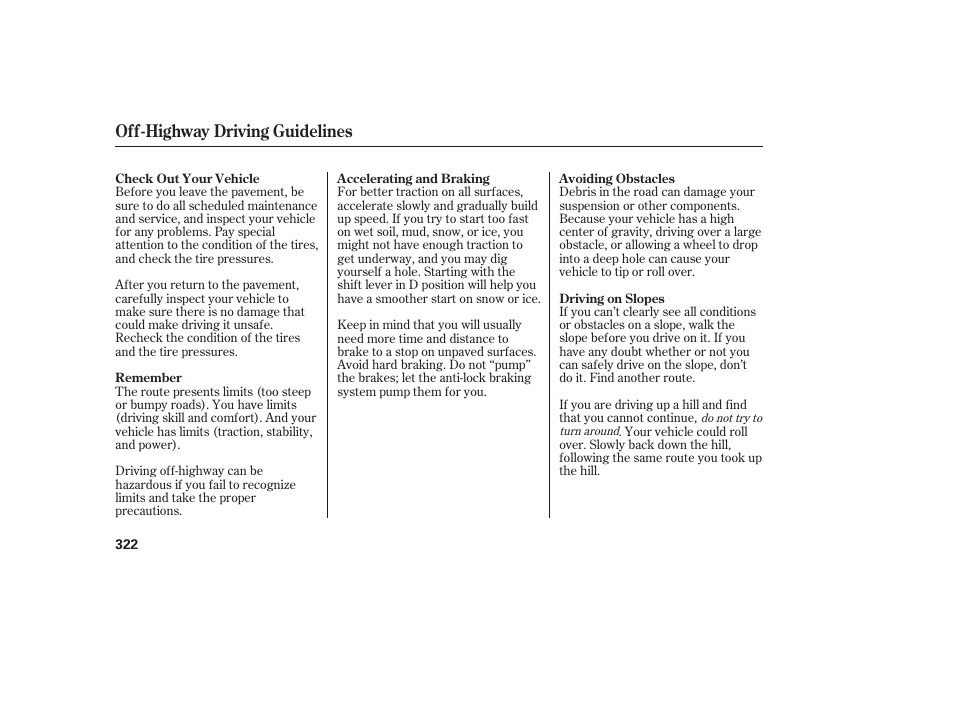 Off-highway driving guidelines | Acura 2009 RDX User Manual | Page 328 / 434