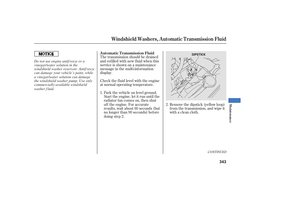 Windshield washers, automatic transmission fluid | Acura 2009 RDX User Manual | Page 349 / 434