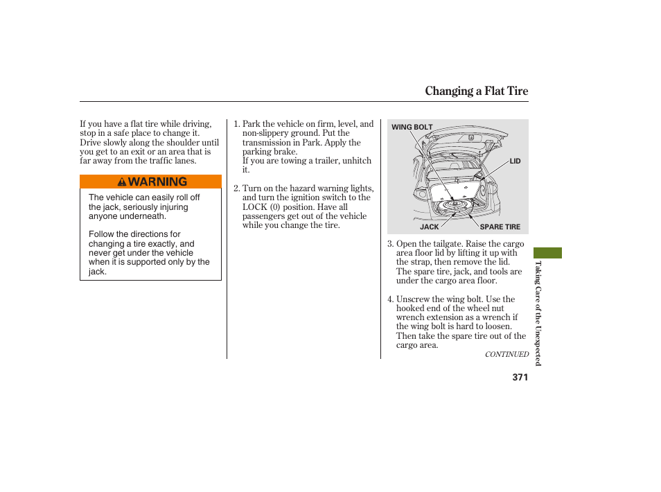 Changing a flat tire | Acura 2009 RDX User Manual | Page 377 / 434
