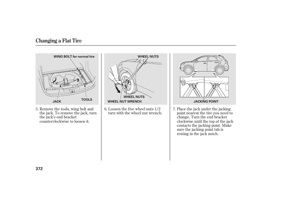 Changing a flat tire | Acura 2009 RDX User Manual | Page 378 / 434