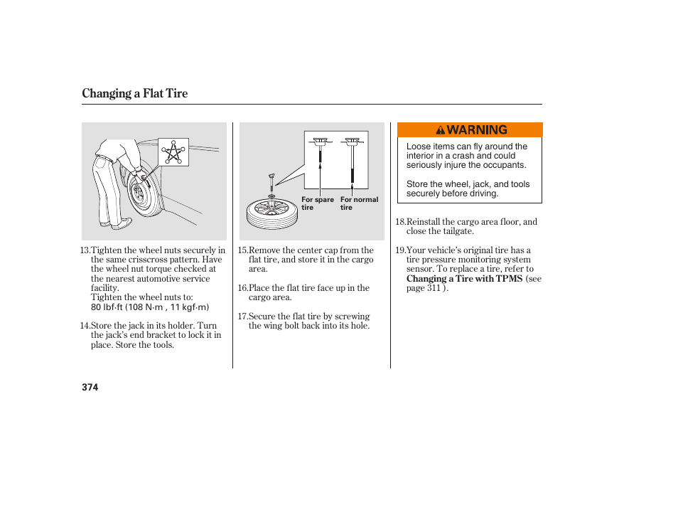 Changing a flat tire | Acura 2009 RDX User Manual | Page 380 / 434