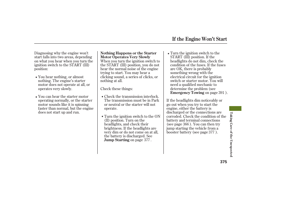 If the engine won’t start | Acura 2009 RDX User Manual | Page 381 / 434