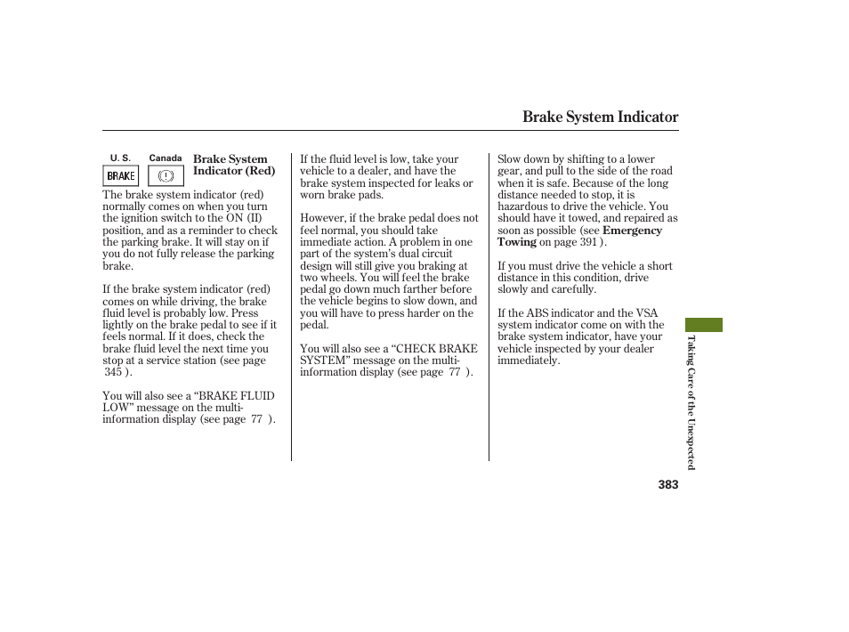 Brake system indicator | Acura 2009 RDX User Manual | Page 389 / 434