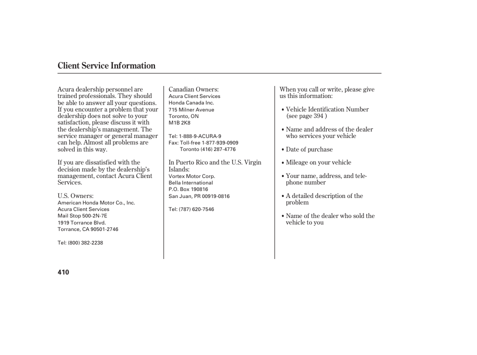 Client service information | Acura 2009 RDX User Manual | Page 416 / 434