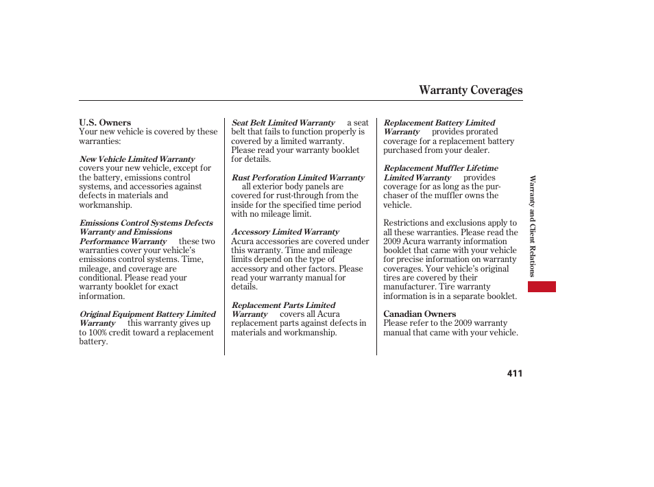 Warranty coverages | Acura 2009 RDX User Manual | Page 417 / 434