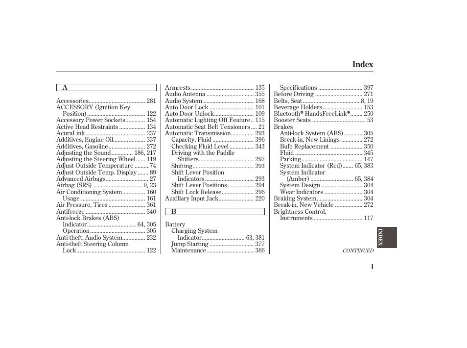 Index | Acura 2009 RDX User Manual | Page 421 / 434