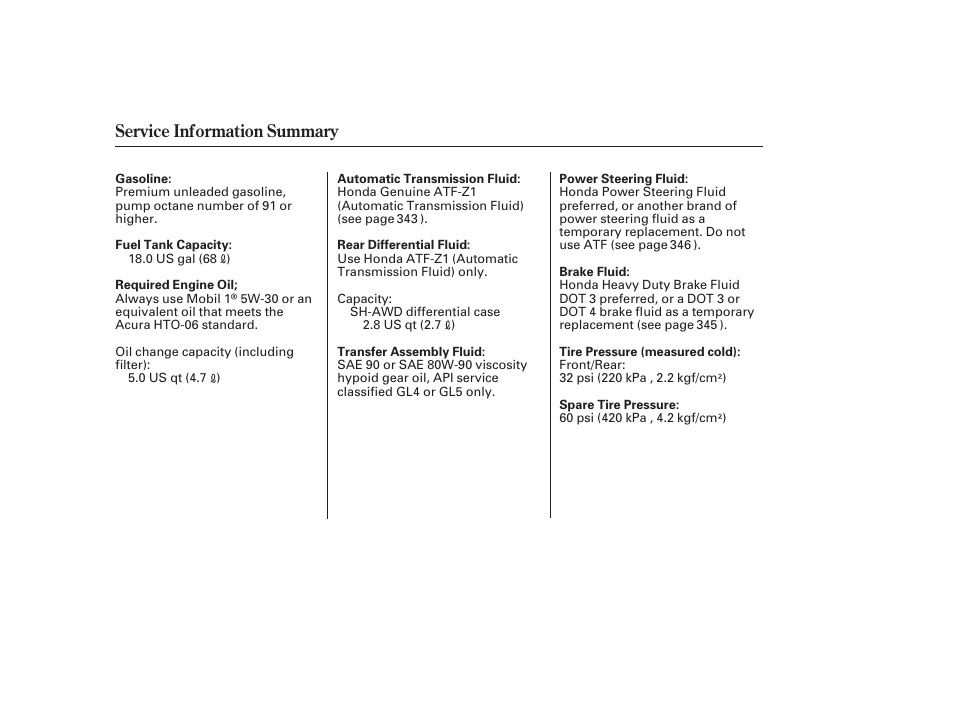 Service information summary | Acura 2009 RDX User Manual | Page 434 / 434