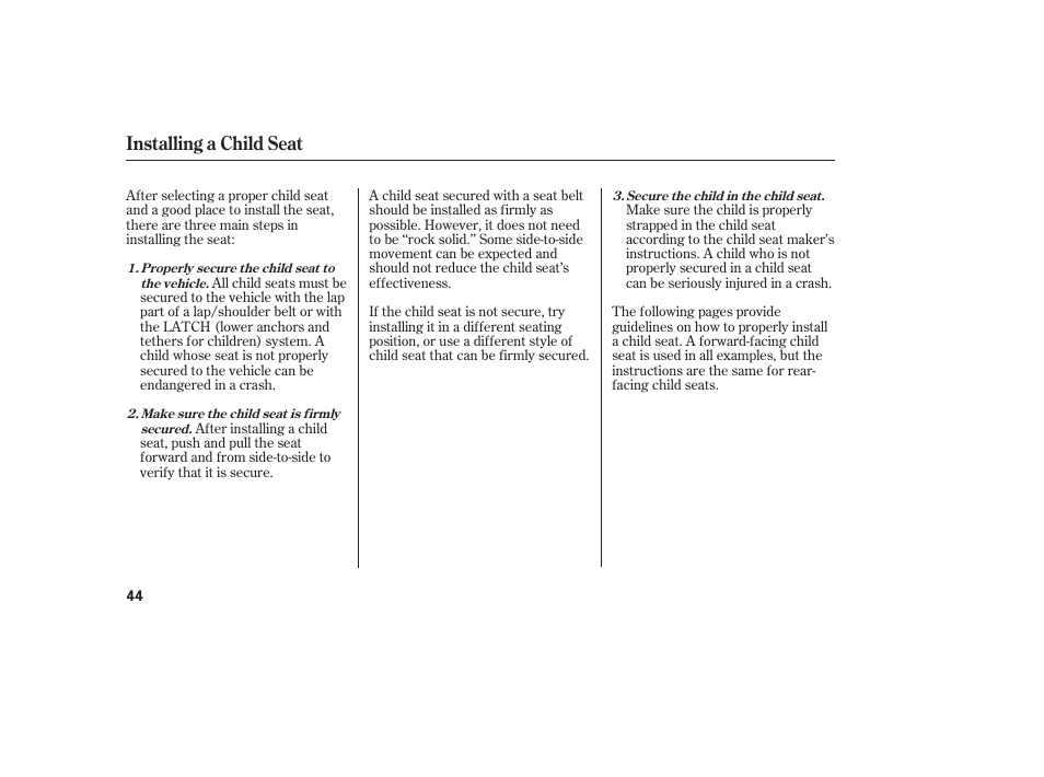 Installing a child seat | Acura 2009 RDX User Manual | Page 50 / 434