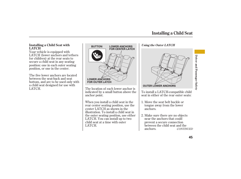 Installing a child seat | Acura 2009 RDX User Manual | Page 51 / 434