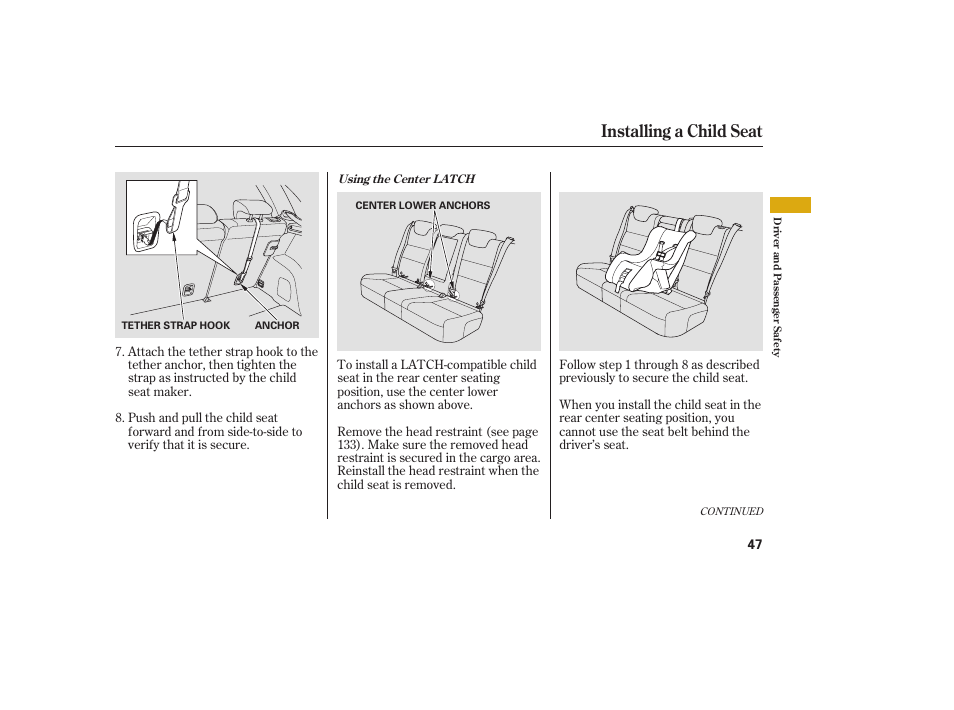 Installing a child seat | Acura 2009 RDX User Manual | Page 53 / 434