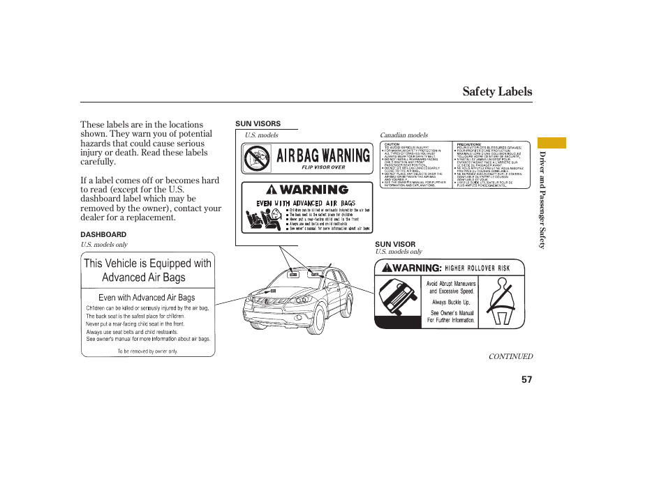 Safety labels | Acura 2009 RDX User Manual | Page 63 / 434
