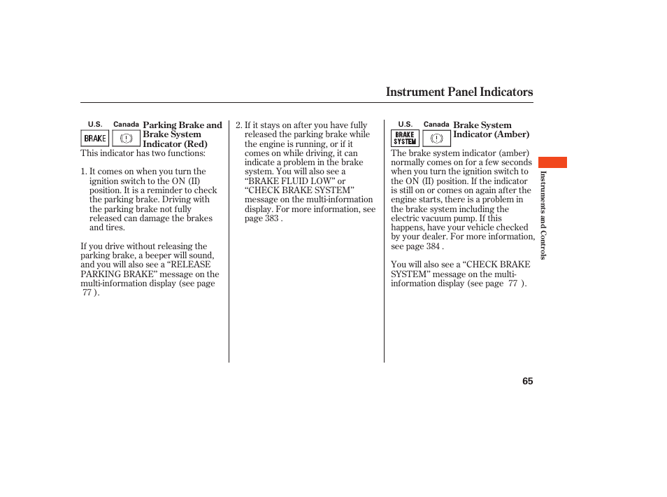 Instrument panel indicators | Acura 2009 RDX User Manual | Page 71 / 434