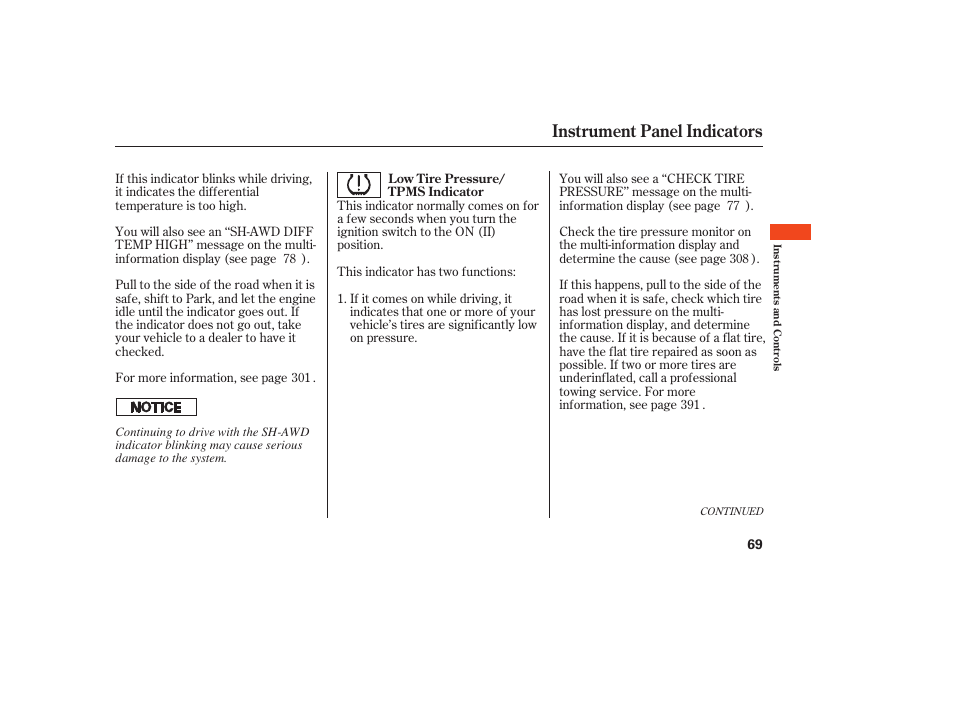 Instrument panel indicators | Acura 2009 RDX User Manual | Page 75 / 434