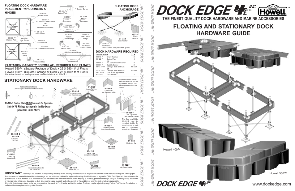 Floating and stationary dock hardware guide, Stationary dock hardware, Howell 400™ dock hardware required | Important, Howell 550 | Dock Edge + Dock User Manual | Page 2 / 2