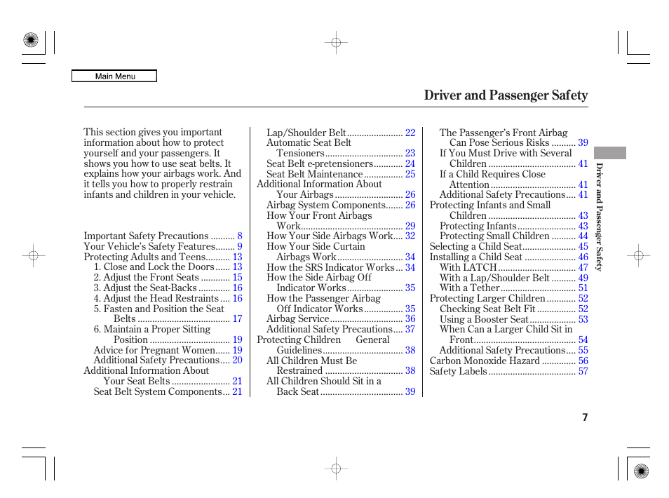 Driver and passenger safety | Acura 2010 RL User Manual | Page 10 / 551