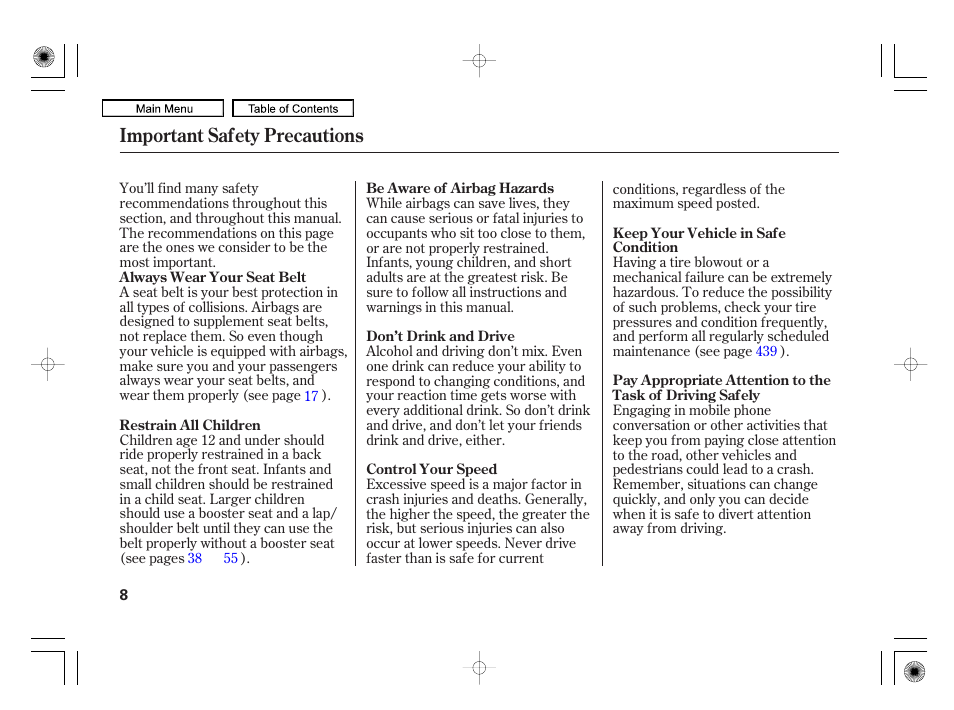 Important safety precautions | Acura 2010 RL User Manual | Page 11 / 551