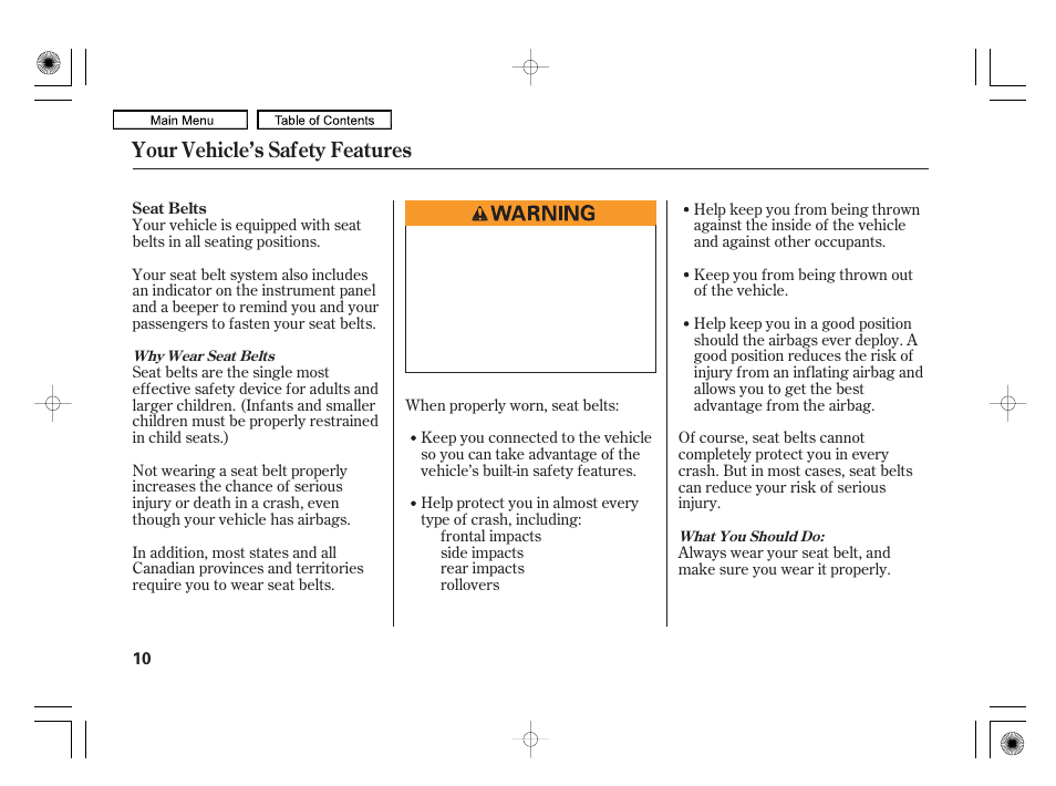 Your vehicle’s safety features | Acura 2010 RL User Manual | Page 13 / 551