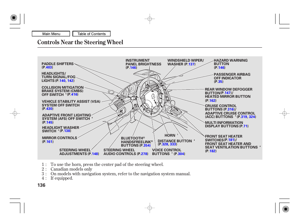 Controls near the steering wheel, 2010 rl | Acura 2010 RL User Manual | Page 139 / 551