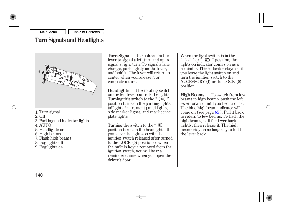 Turn signals and headlights | Acura 2010 RL User Manual | Page 143 / 551