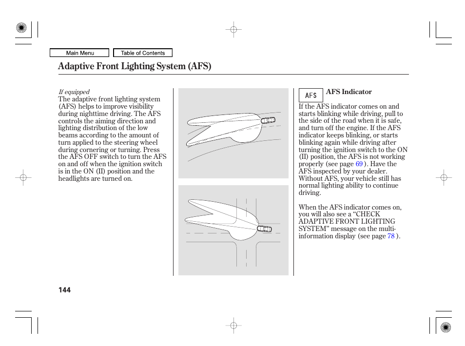 Adaptive front lighting system (afs) | Acura 2010 RL User Manual | Page 147 / 551