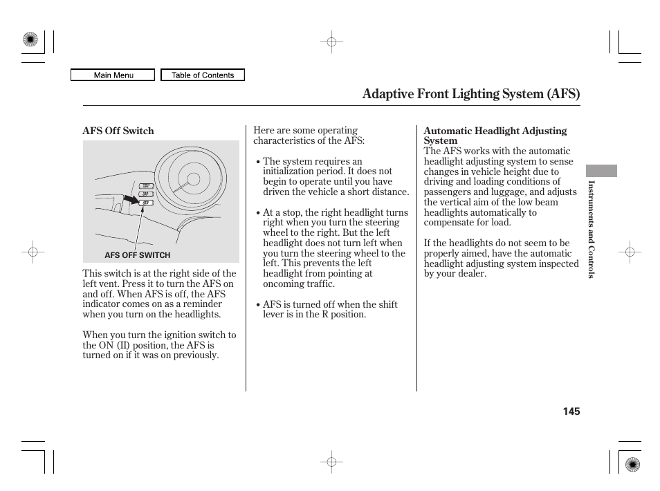 Adaptive front lighting system (afs) | Acura 2010 RL User Manual | Page 148 / 551