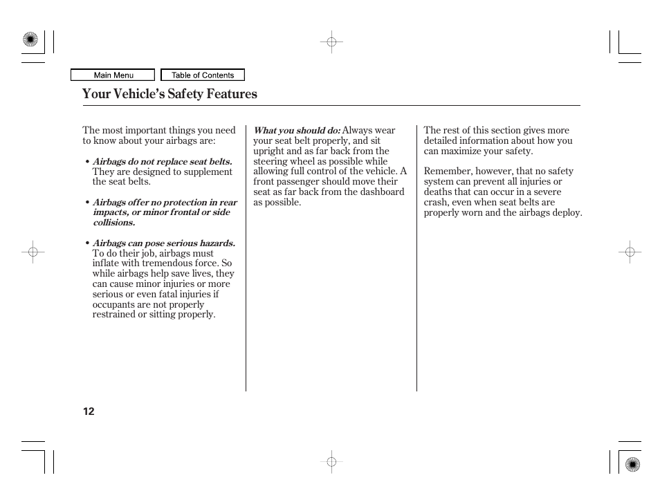 Your vehicle’s safety features | Acura 2010 RL User Manual | Page 15 / 551