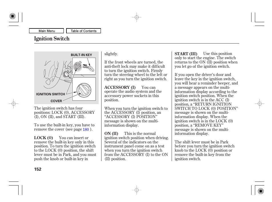 Ignition switch | Acura 2010 RL User Manual | Page 155 / 551