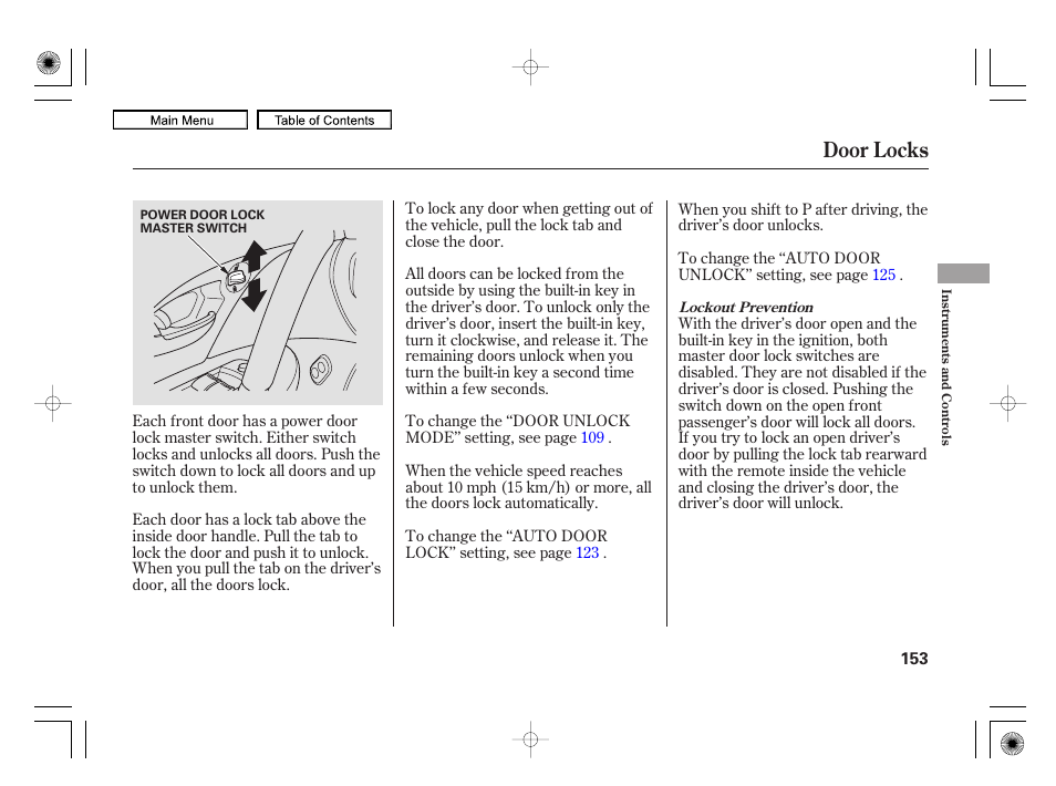 Door locks | Acura 2010 RL User Manual | Page 156 / 551