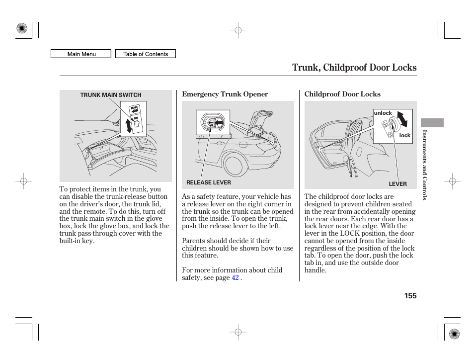 Trunk, childproof door locks | Acura 2010 RL User Manual | Page 158 / 551