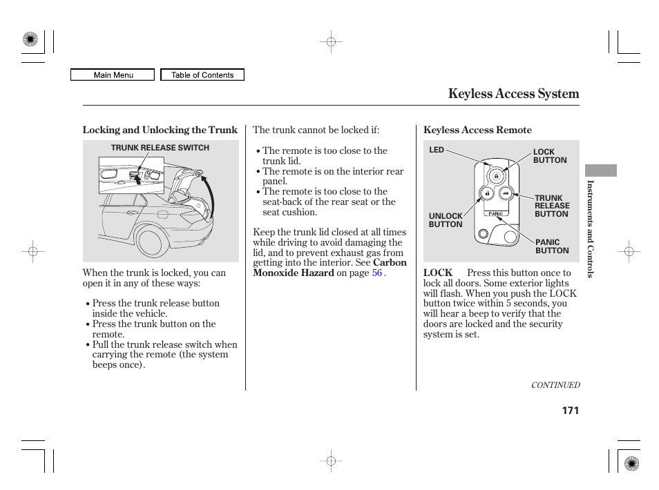 Keyless access system | Acura 2010 RL User Manual | Page 174 / 551