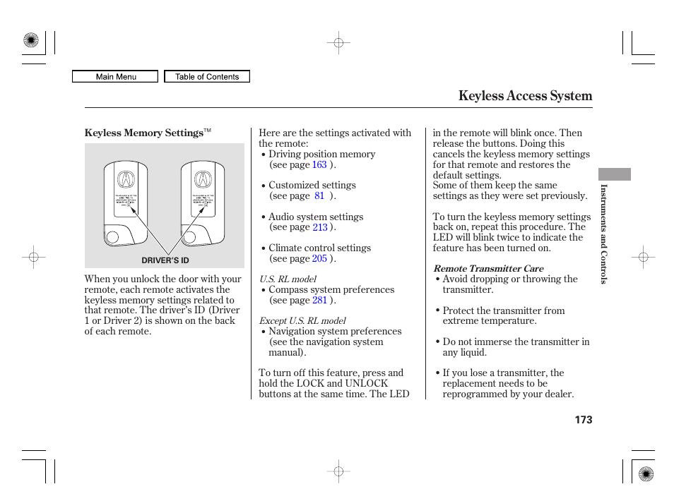 Keyless access system | Acura 2010 RL User Manual | Page 176 / 551