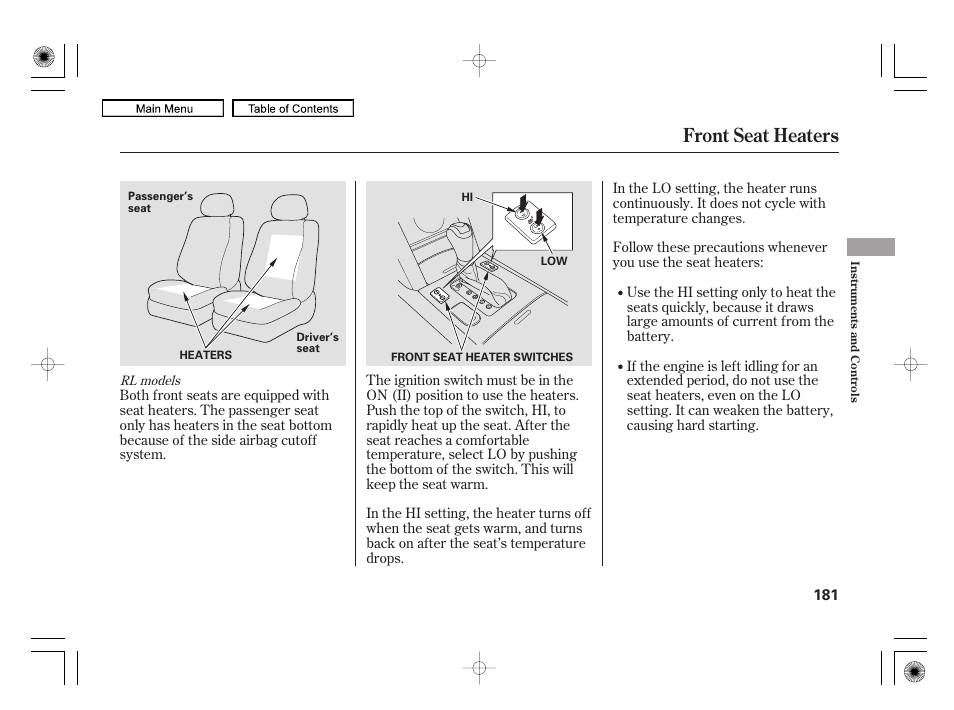 Front seat heaters | Acura 2010 RL User Manual | Page 184 / 551