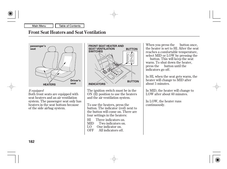 Front seat heaters and seat ventilation | Acura 2010 RL User Manual | Page 185 / 551