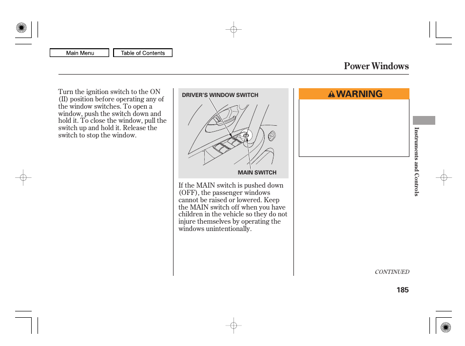 Power windows | Acura 2010 RL User Manual | Page 188 / 551