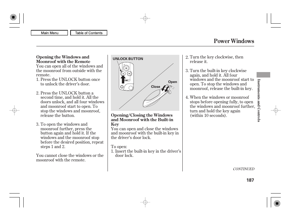 Power windows | Acura 2010 RL User Manual | Page 190 / 551