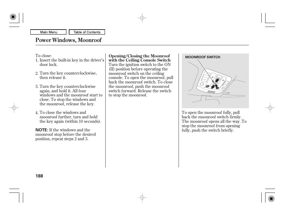 Power windows, moonroof | Acura 2010 RL User Manual | Page 191 / 551