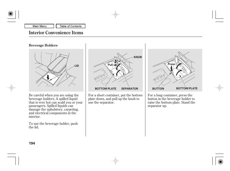 Interior convenience items | Acura 2010 RL User Manual | Page 197 / 551