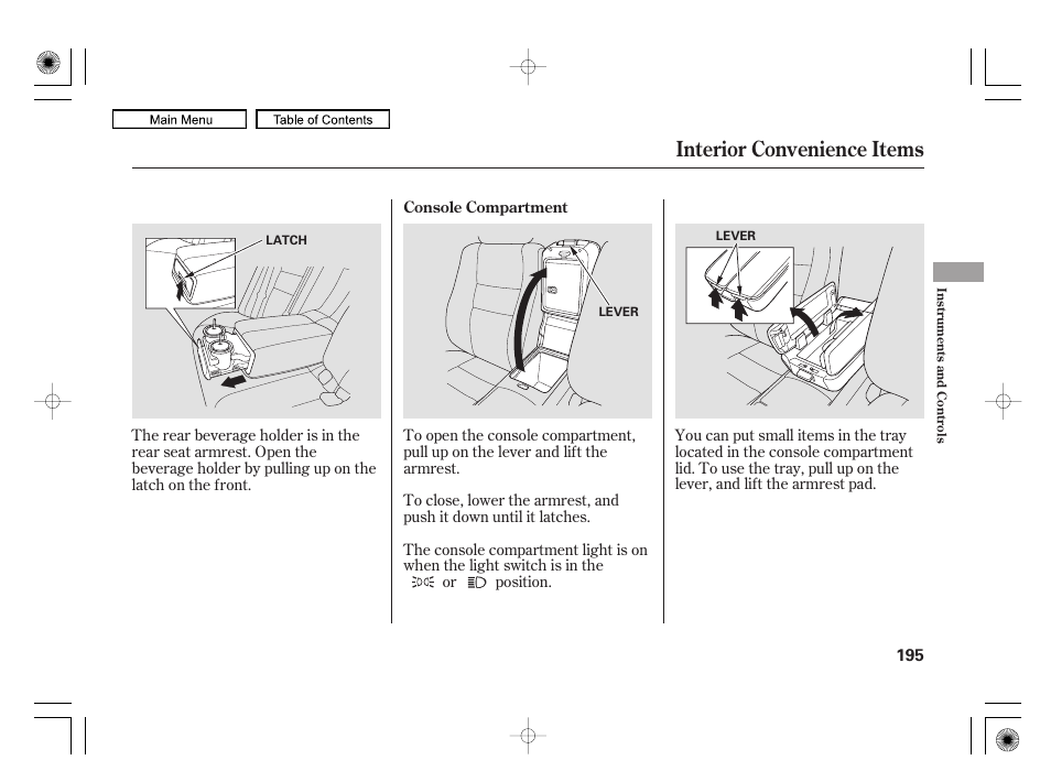 Interior convenience items | Acura 2010 RL User Manual | Page 198 / 551
