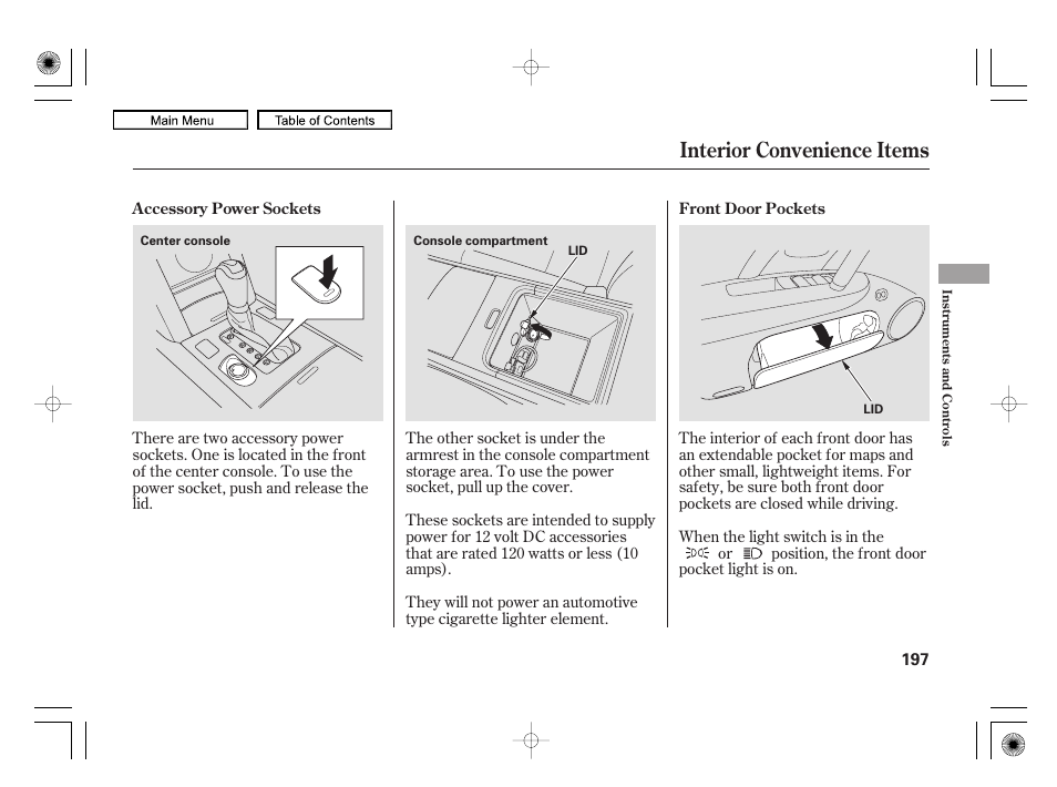 Interior convenience items | Acura 2010 RL User Manual | Page 200 / 551