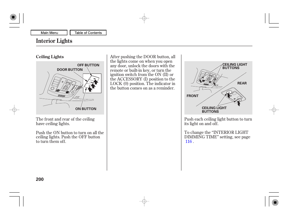 Interior lights | Acura 2010 RL User Manual | Page 203 / 551