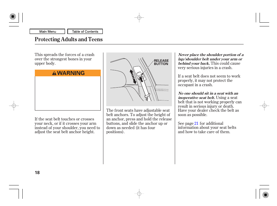 Protecting adults and teens | Acura 2010 RL User Manual | Page 21 / 551